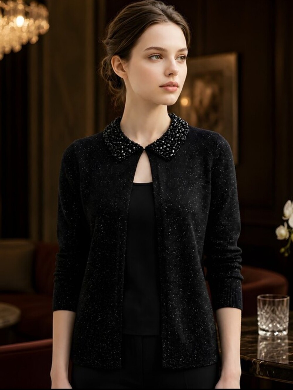 Escapade Black Beaded Sequin Collar Open Cardigan S Good Condition - Picture 11 of 16